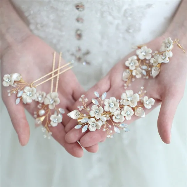 Hand Wired Porcelain Flower Hair Comb Pin Earring Wedding Bridal Set