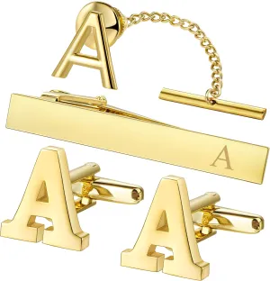 HAWSON Cufflinks for Men, Tie Clips for Boys, Tie Pin for Men, Gold Color Jewelry Set, Boxed Gift Packing, Initial Letter Jewelry for Him