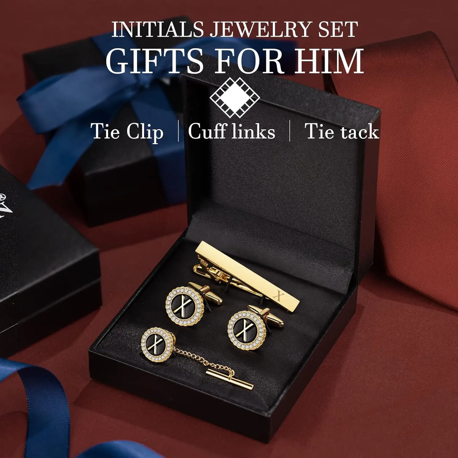 HAWSON Tie Clips, Cufflinks, Tie Tack & Lapel Pins for Men - Suitable for Neckties and French Cuff or Dress Shirt Suits - Jewelry Box Packed, Initials Designed