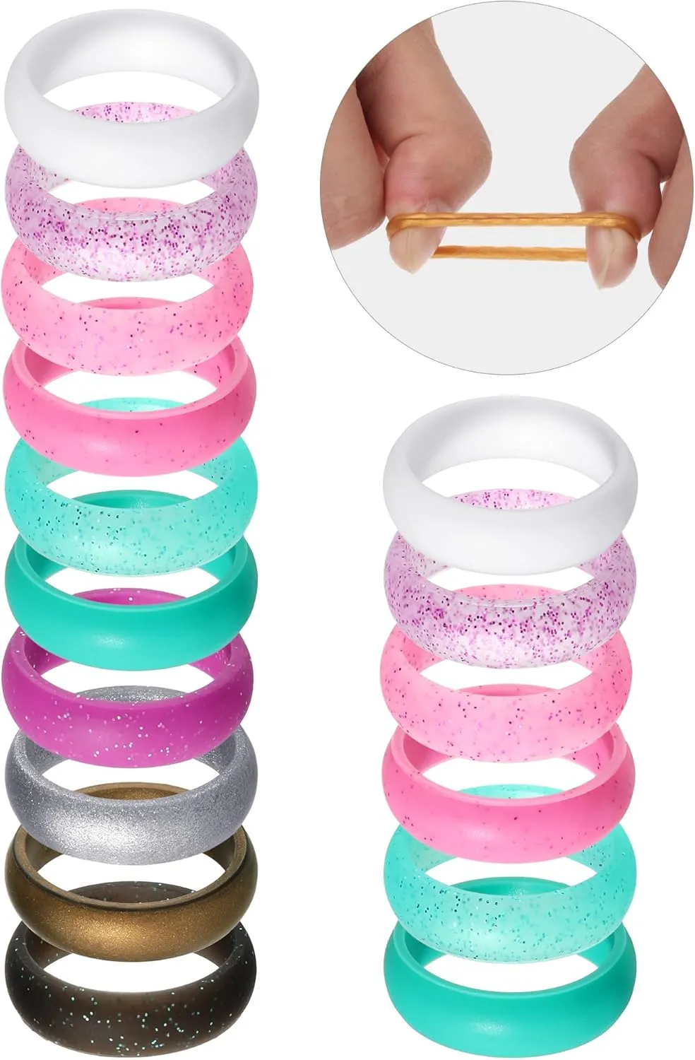 Hicarer 20 Pieces Silicone Wedding Ring for Women, Thin Stackable Silicone Ring for Her Wide Glitter Rubber Bands Wedding Sport Supplies