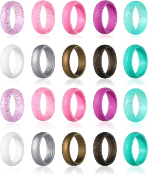 Hicarer 20 Pieces Silicone Wedding Ring for Women, Thin Stackable Silicone Ring for Her Wide Glitter Rubber Bands Wedding Sport Supplies