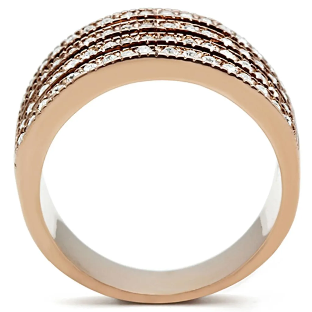 IP Rose Gold(Ion Plating) Stainless Steel Ring with AAA Grade CZ in Clear for Women Style TK1492