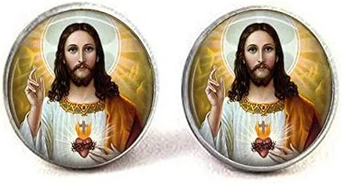 Jesus Christ Cufflink Heart of Jesus Sacre Coeur Flaming Heart Religious Jewelry Gift