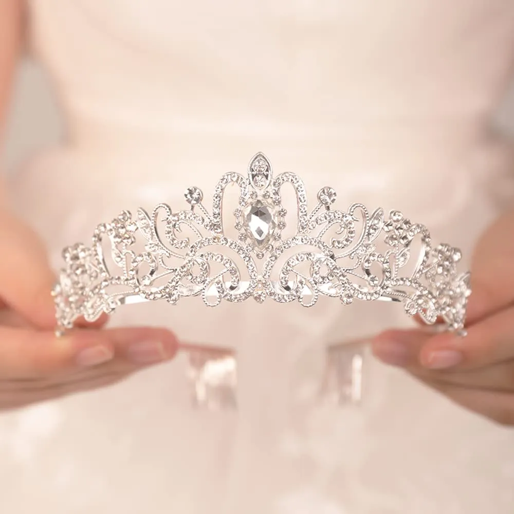 JWICOS Silver Crystal Tiara Crown for Women and Brides Elegant Princess Headband Crown with Combs for Wedding Prom Birthday Party Bridal Wedding Hair Accessories for Brides (Silver)