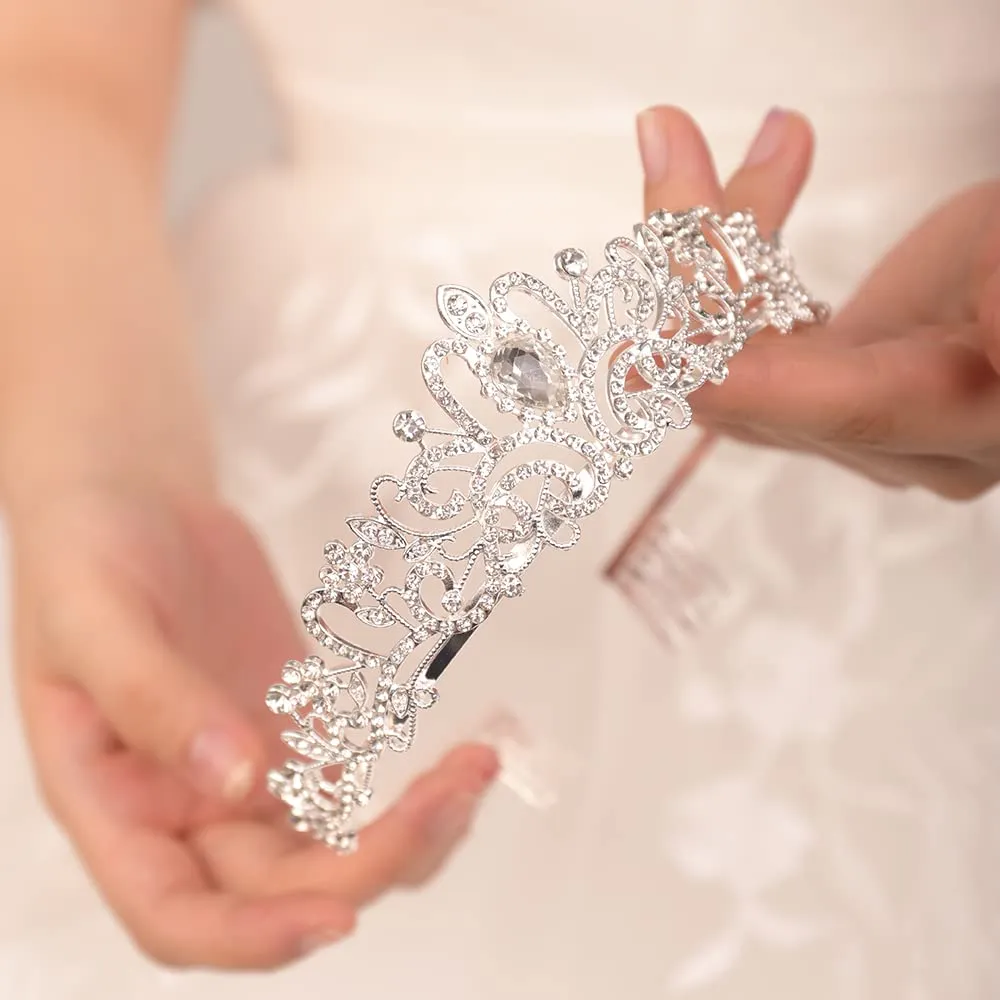 JWICOS Silver Crystal Tiara Crown for Women and Brides Elegant Princess Headband Crown with Combs for Wedding Prom Birthday Party Bridal Wedding Hair Accessories for Brides (Silver)