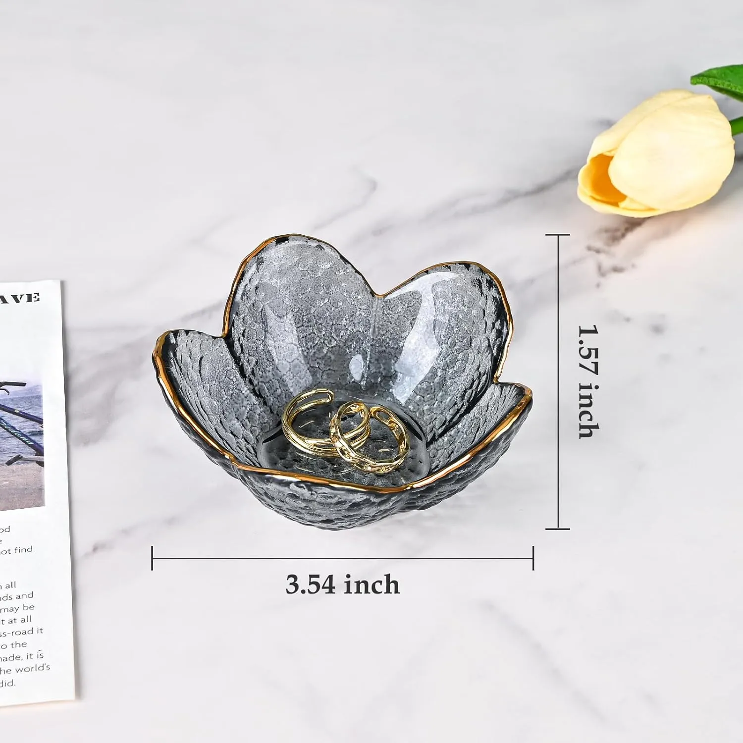 Koythin 3-Piece Glass Jewelry Tray, Small Trinket Holder for Necklace Bracelet Earring, Ring Holder for Bathroom, Aesthetic Trinket Dish, Flower Nightstand Decor for Girl Mom Women (Grey)