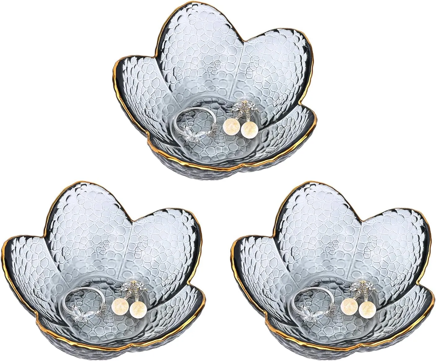 Koythin 3-Piece Glass Jewelry Tray, Small Trinket Holder for Necklace Bracelet Earring, Ring Holder for Bathroom, Aesthetic Trinket Dish, Flower Nightstand Decor for Girl Mom Women (Grey)