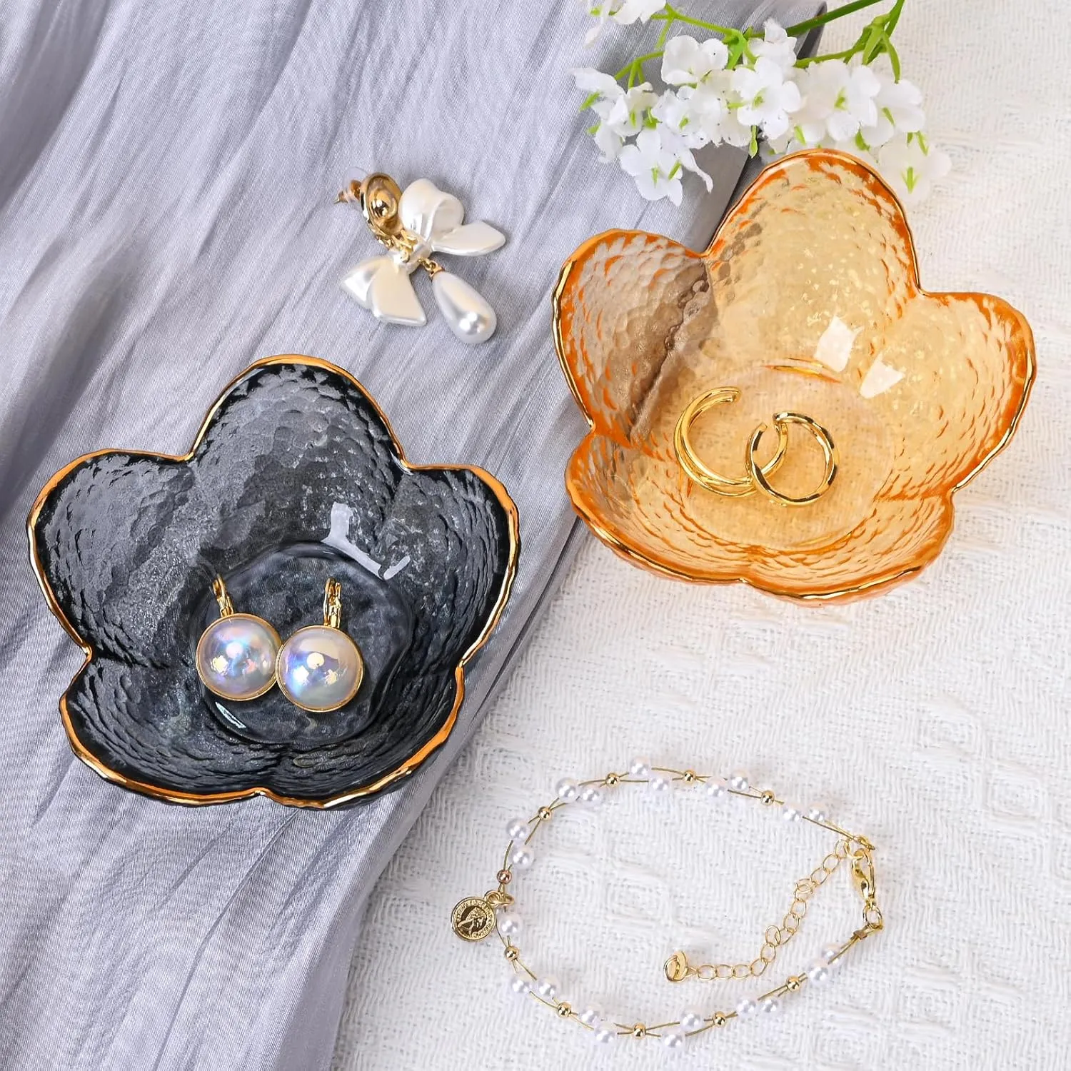 Koythin 3-Piece Glass Jewelry Tray, Small Trinket Holder for Necklace Bracelet Earring, Ring Holder for Bathroom, Aesthetic Trinket Dish, Flower Nightstand Decor for Girl Mom Women (Grey)