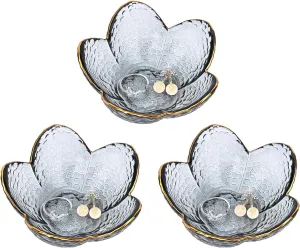 Koythin 3-Piece Glass Jewelry Tray, Small Trinket Holder for Necklace Bracelet Earring, Ring Holder for Bathroom, Aesthetic Trinket Dish, Flower Nightstand Decor for Girl Mom Women (Grey)