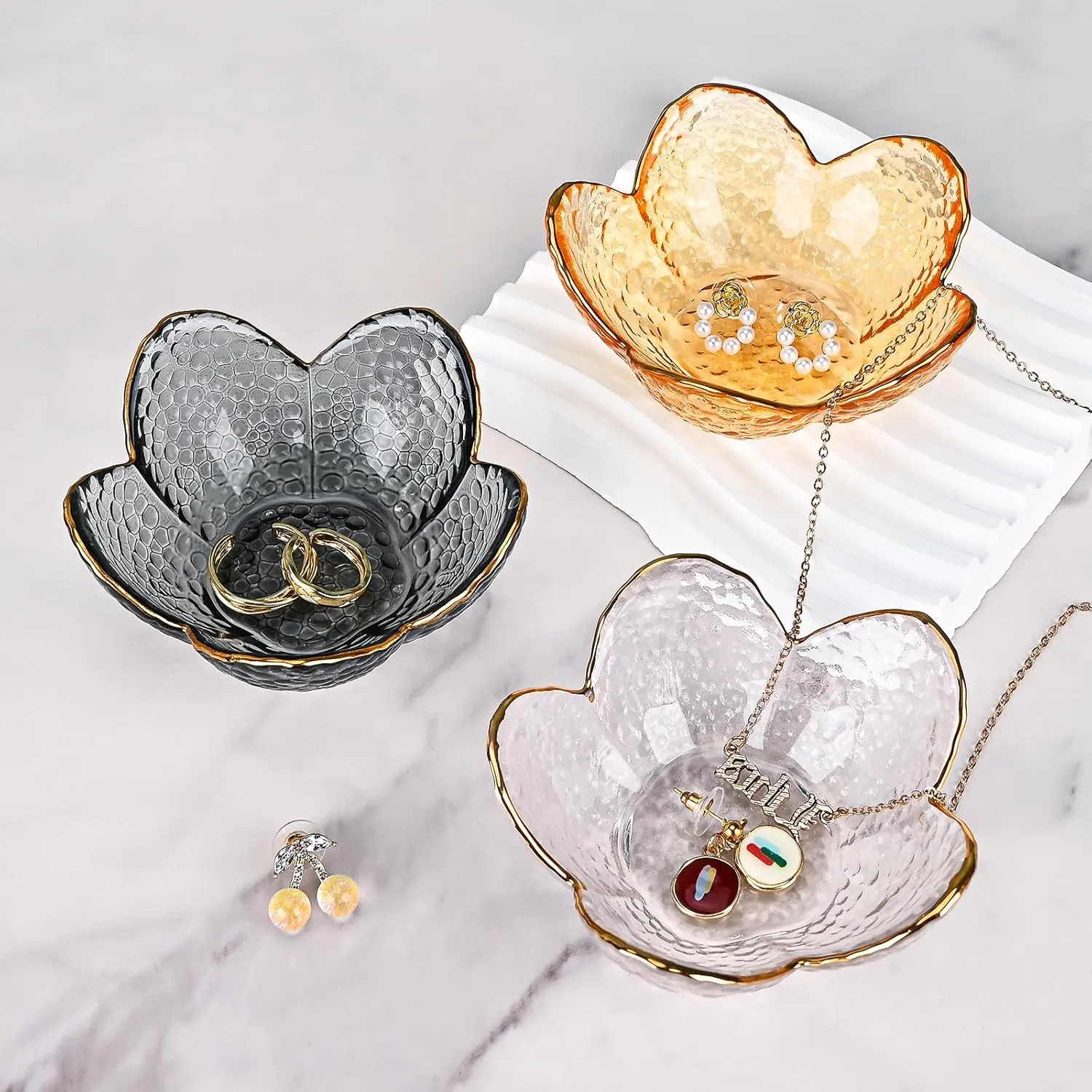 Koythin 3-Piece Glass Jewelry Tray, Small Trinket Holder for Necklace Bracelet Earring, Ring Holder for Bathroom, Aesthetic Trinket Dish, Flower Nightstand Decor for Girl Mom Women (Grey)