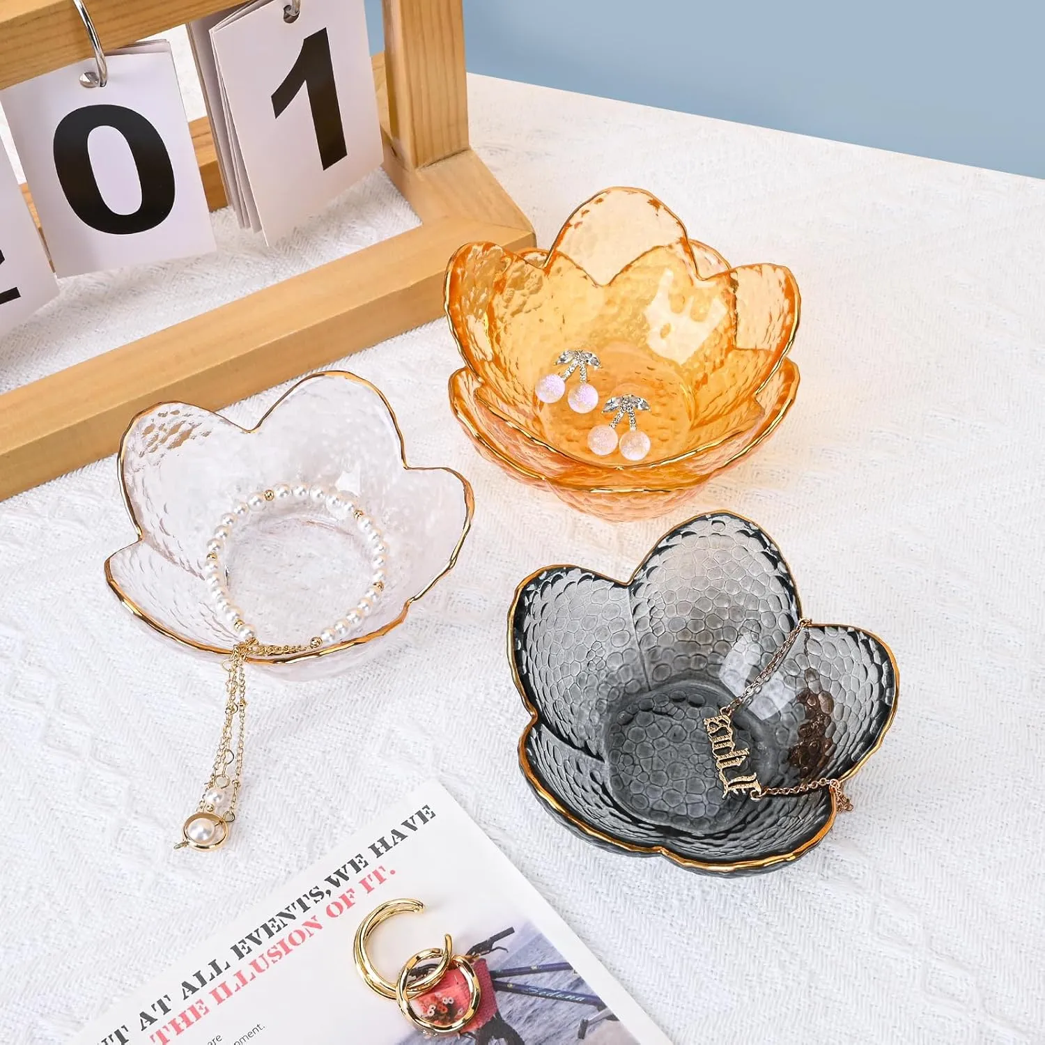 Koythin 3-Piece Glass Jewelry Tray, Small Trinket Holder for Necklace Bracelet Earring, Ring Holder for Bathroom, Aesthetic Trinket Dish, Flower Nightstand Decor for Girl Mom Women (Grey)