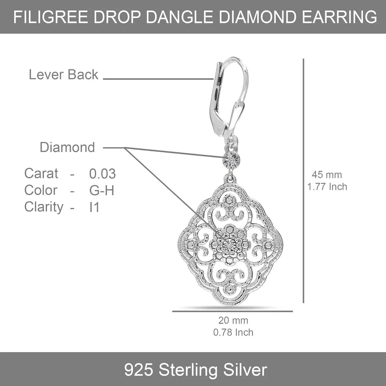 LeCalla 925 Sterling Silver Filigree Dangle Drop Leverback Earrings for Women | Long 925 Silver Dangle Leverback Earrings Hypoallergenic Filigree Tear drop Earrings Jewelry