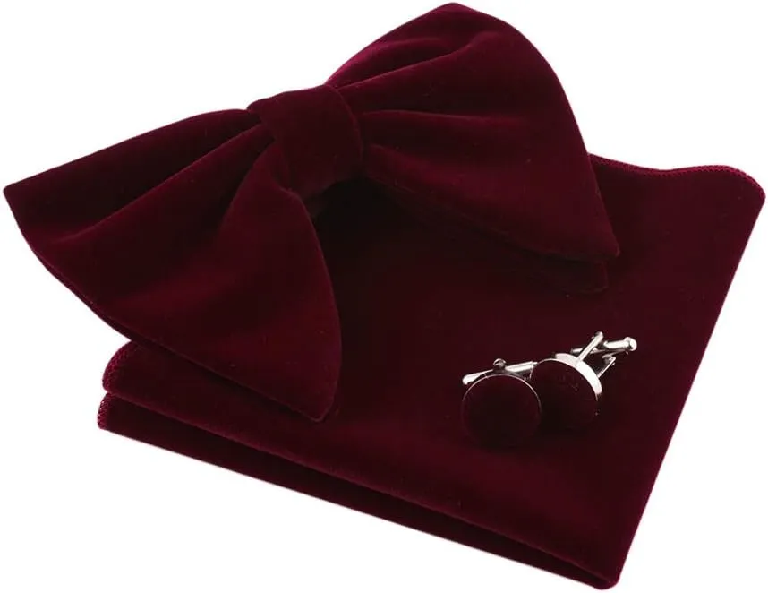 Lovacely Mens Oversized Velvet Bow Tie Vintage Tuxedo Big Bowtie and Pocket Square Cufflinks Set