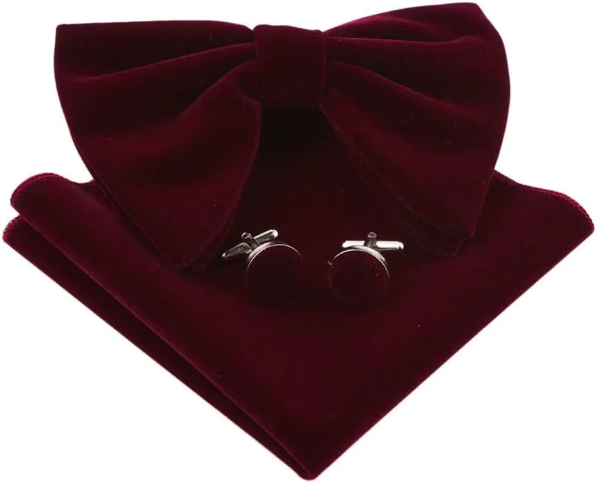 Lovacely Mens Oversized Velvet Bow Tie Vintage Tuxedo Big Bowtie and Pocket Square Cufflinks Set
