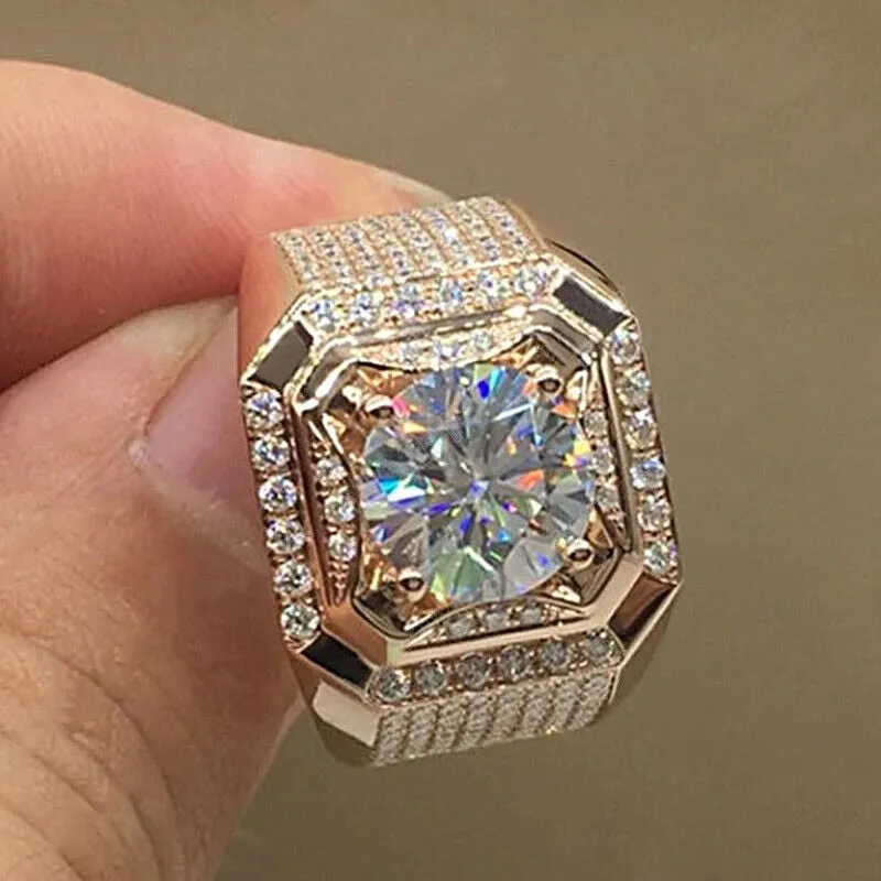 Luxurious Men's Rose Gold Natural Birthstone Crystal Finger Ring Anniversary Gift Banquet Engagement Wedding