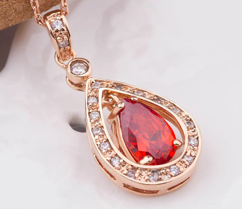 Luxury 18K Gold Plated Pendant Necklace with Red Zircon For Women Party jewelry