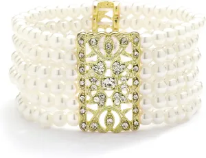 Mariell Ivory Pearl and Gold Crystal Stretch Cuff Bracelet, Medium Size 6" to 7" Fits Most Wrists, Simulated Pearls,Vintage Design Bracelet for Brides, Weddings, Mother of The Bride