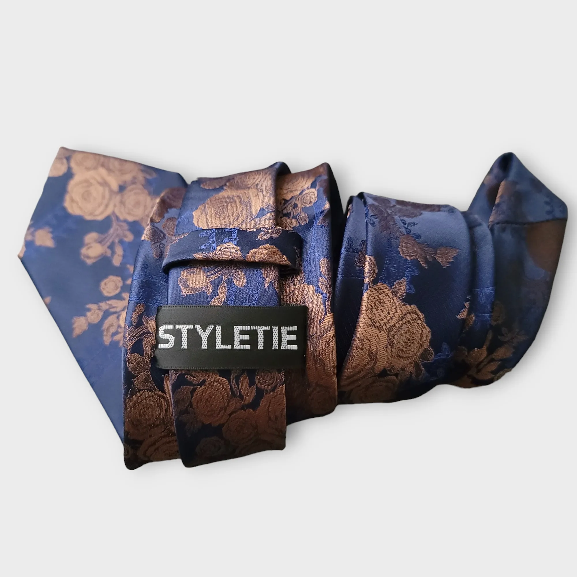 Navy Blue Brown Floral Silk Tie Pocket Square Cufflink Set