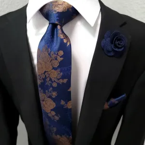 Navy Blue Brown Floral Silk Tie Pocket Square Cufflink Set