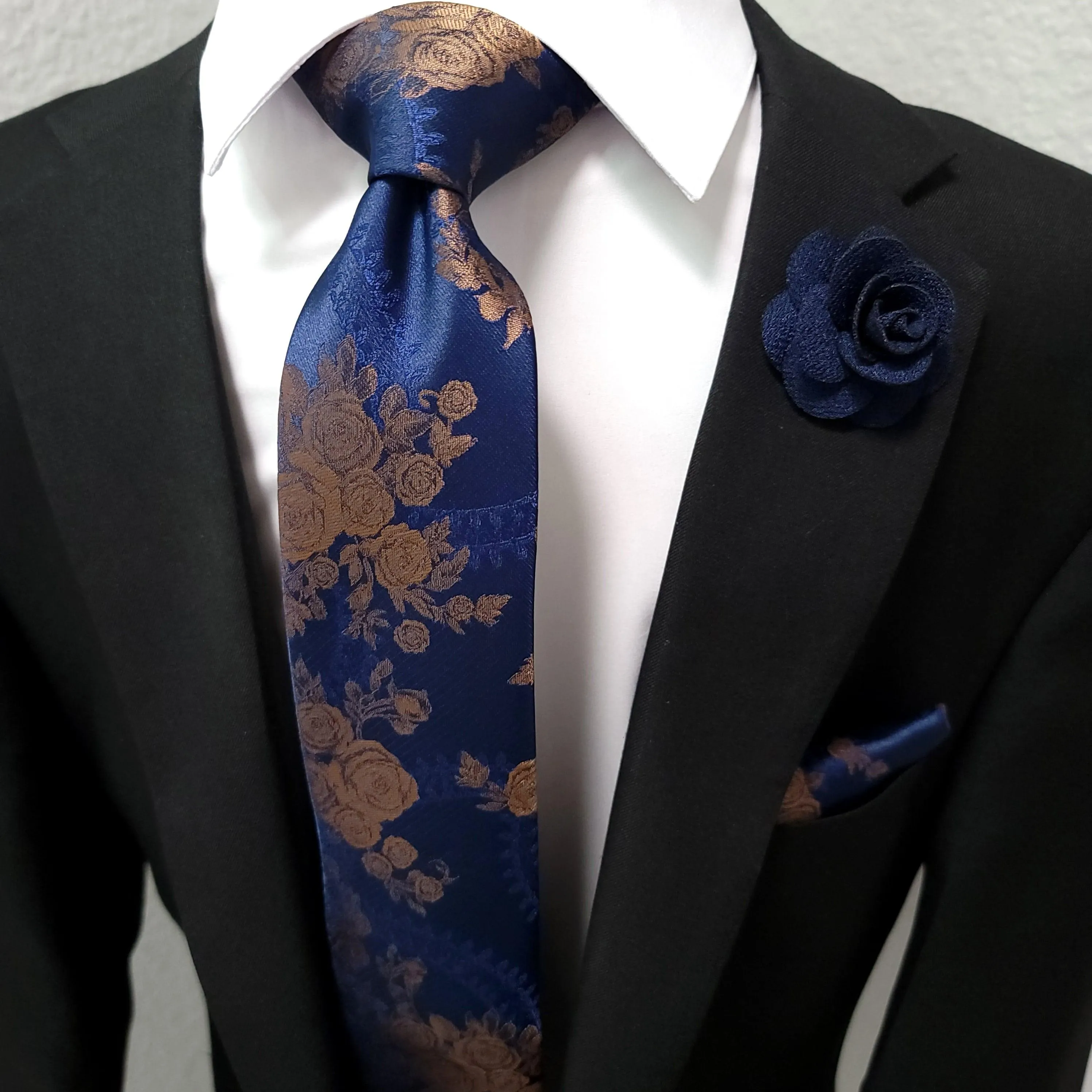 Navy Blue Brown Floral Silk Tie Pocket Square Cufflink Set