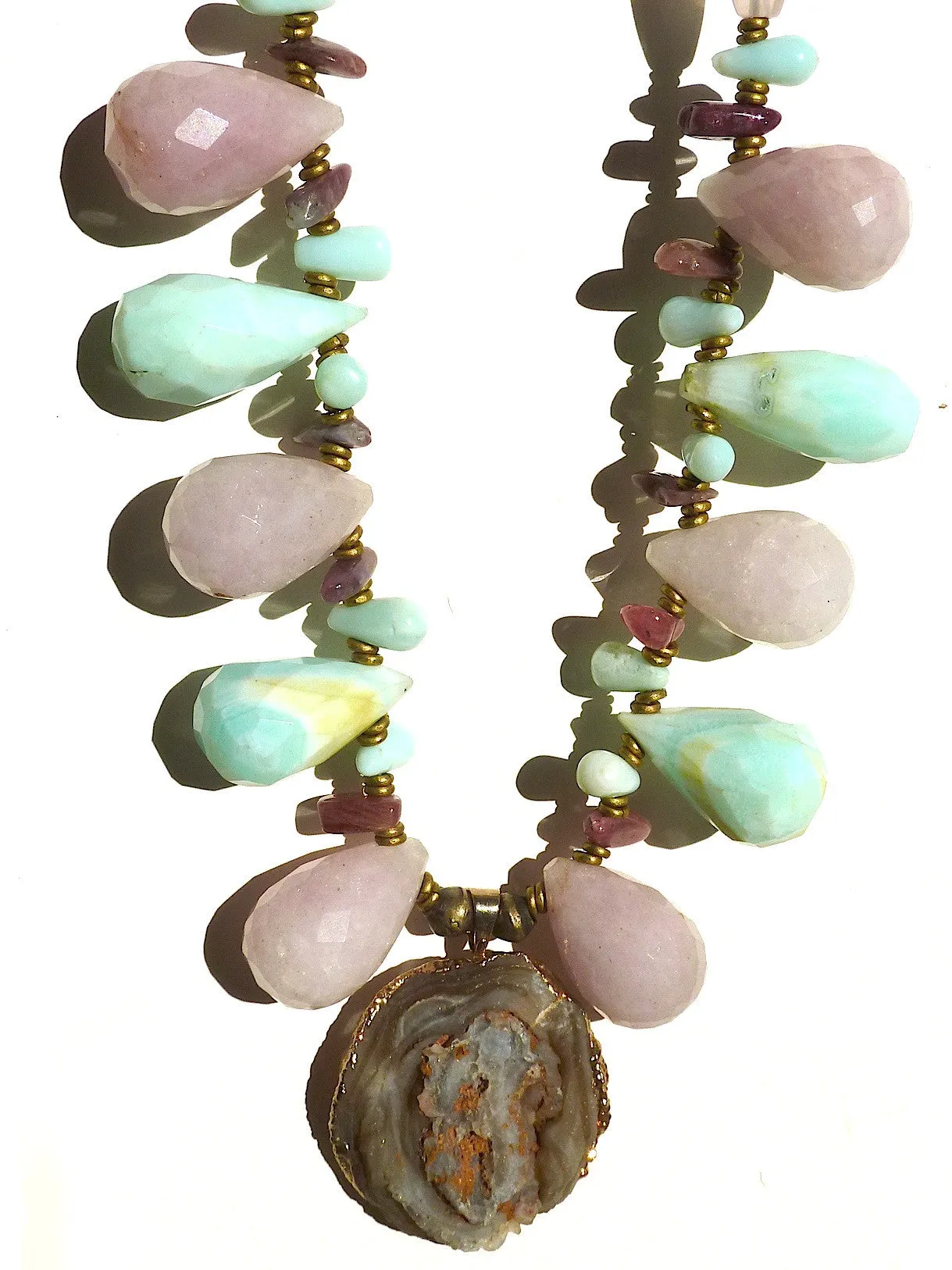 Necklace Rose Quartz Tourmaline Chalcedony And Pendant