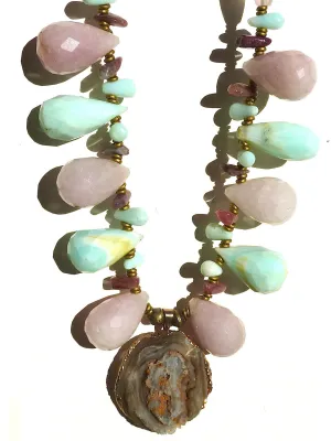 Necklace Rose Quartz Tourmaline Chalcedony And Pendant