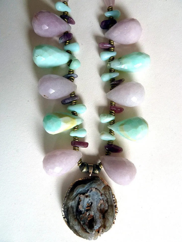 Necklace Rose Quartz Tourmaline Chalcedony And Pendant