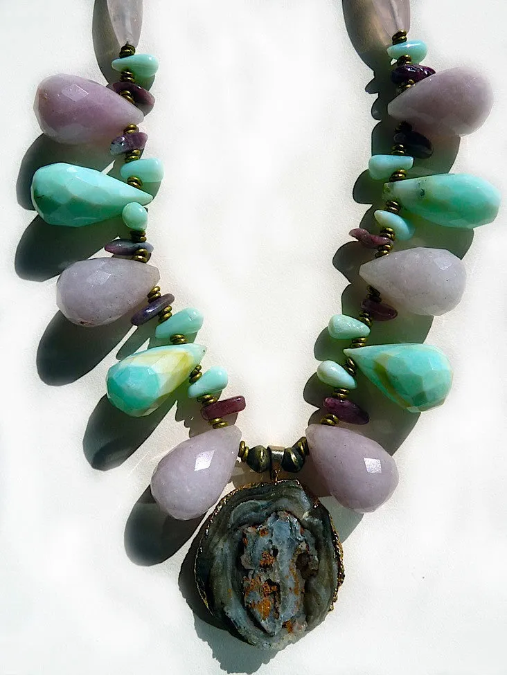 Necklace Rose Quartz Tourmaline Chalcedony And Pendant
