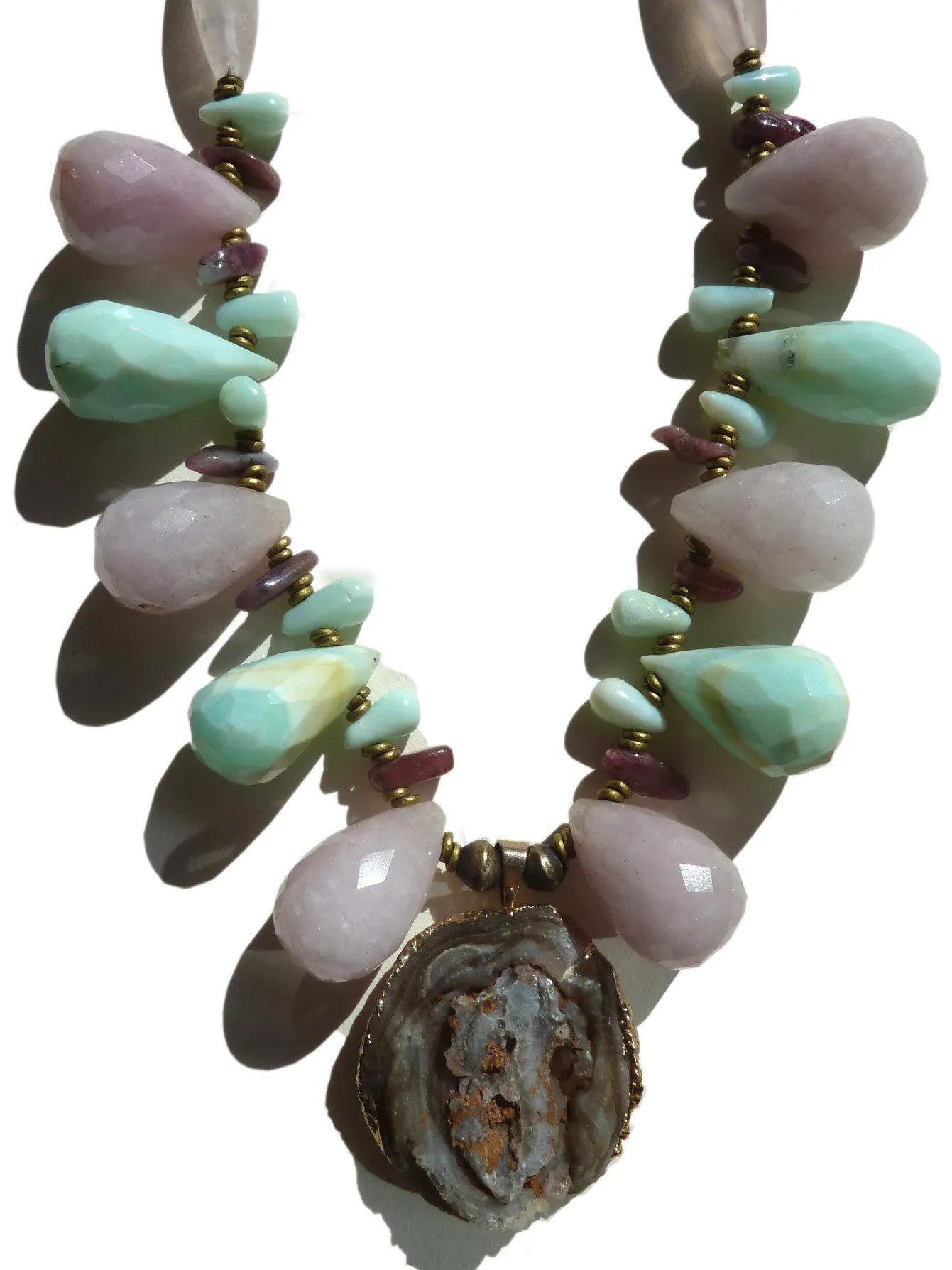 Necklace Rose Quartz Tourmaline Chalcedony And Pendant