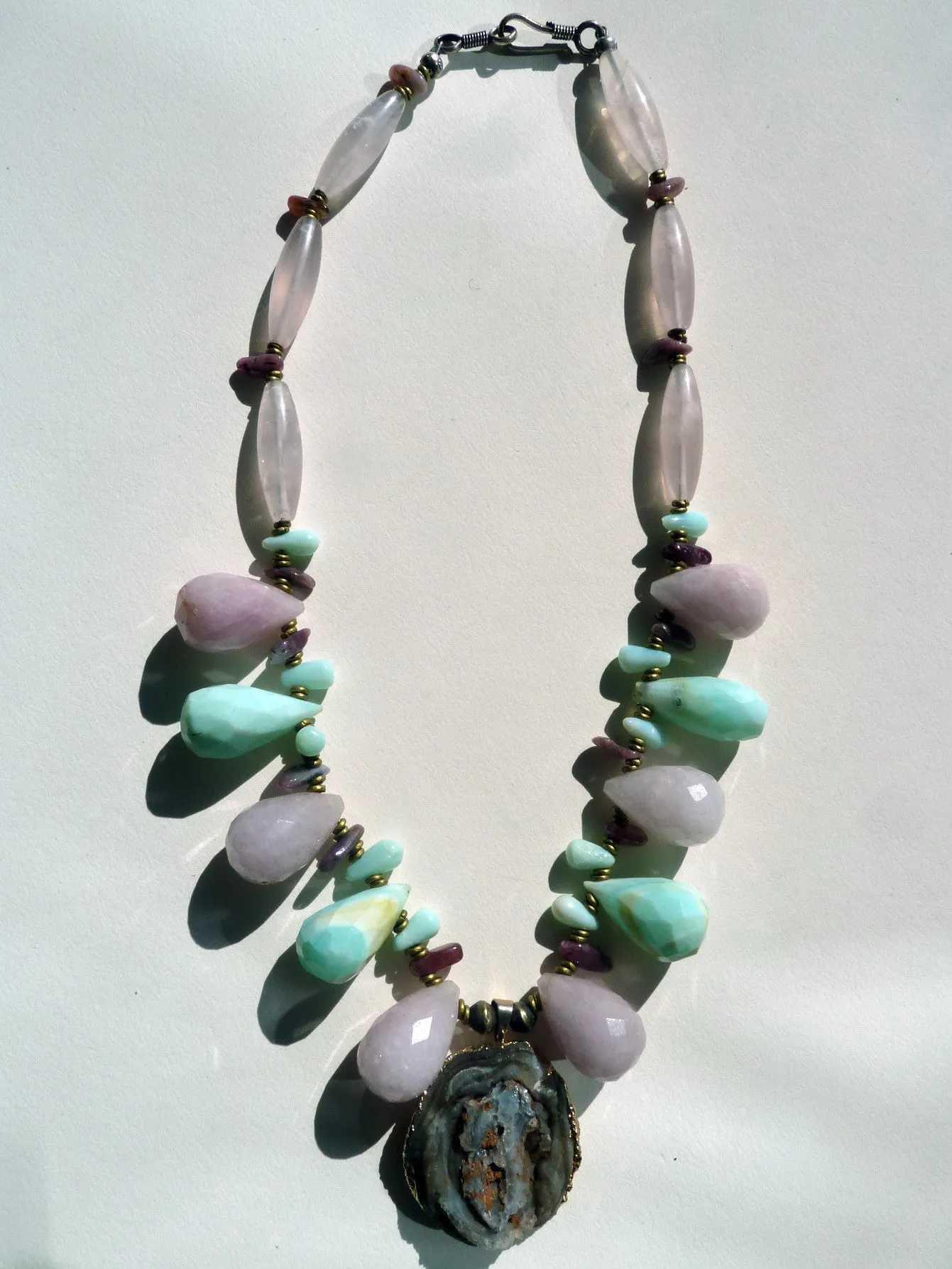 Necklace Rose Quartz Tourmaline Chalcedony And Pendant