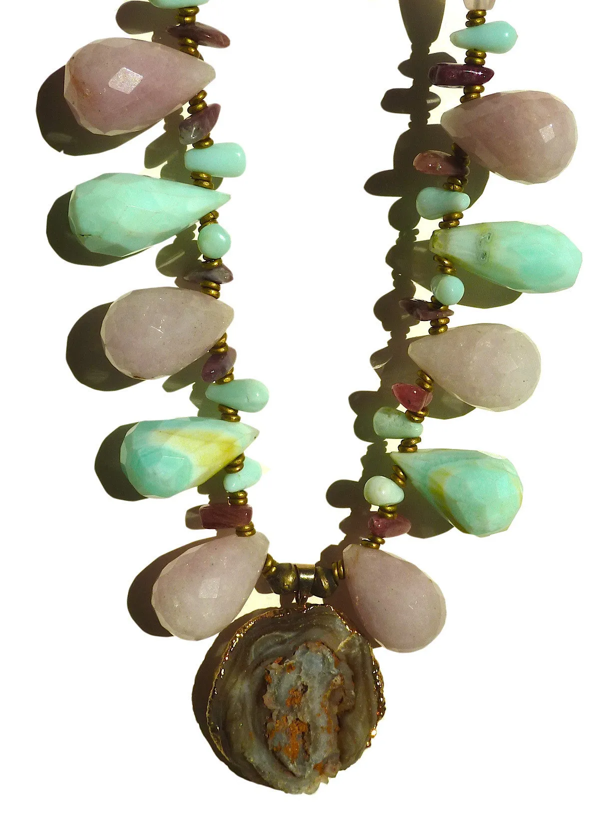 Necklace Rose Quartz Tourmaline Chalcedony And Pendant