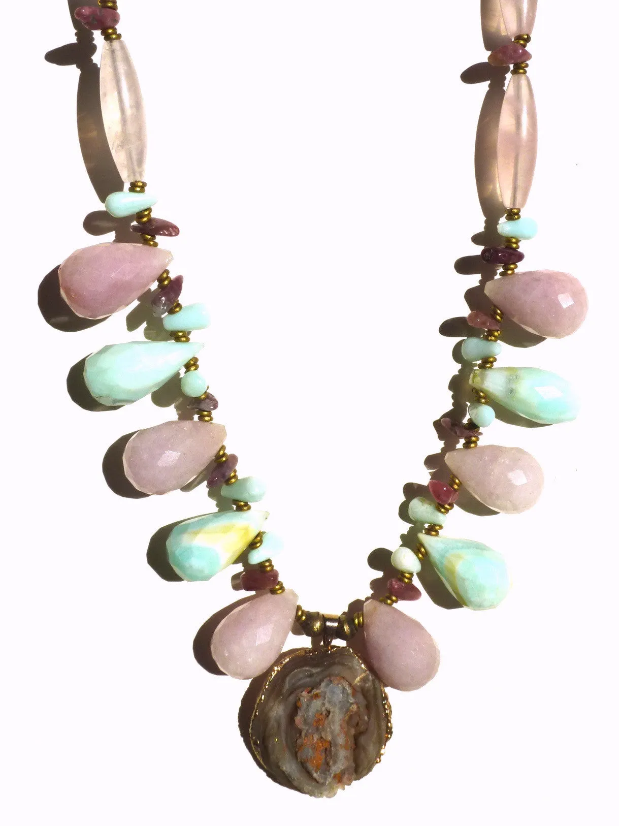Necklace Rose Quartz Tourmaline Chalcedony And Pendant