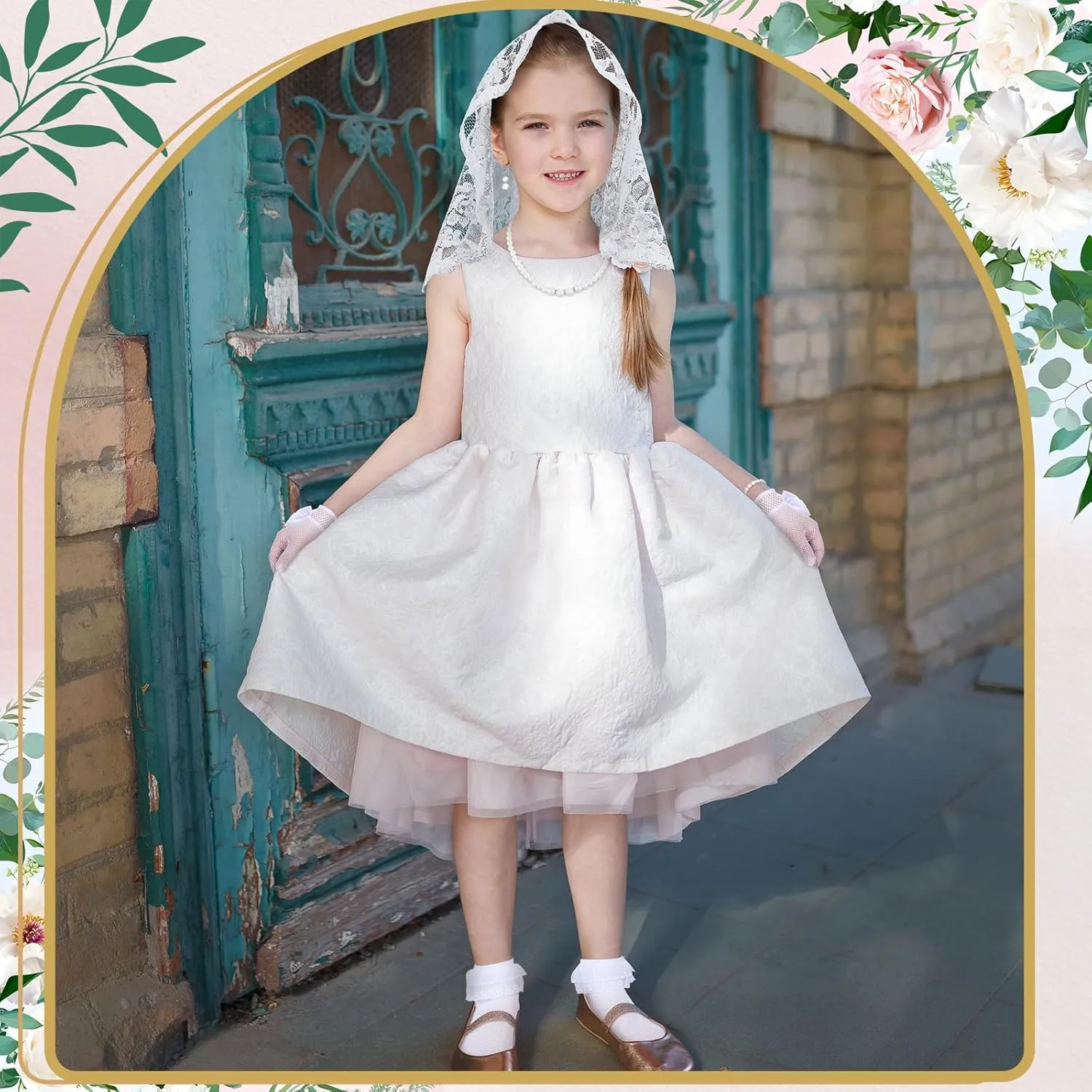 Newcotte 6 Pcs First Communion Veil Set for Girl Lace Gloves Sock Headpiece Pearl Earring Necklace for Tea Party Wedding