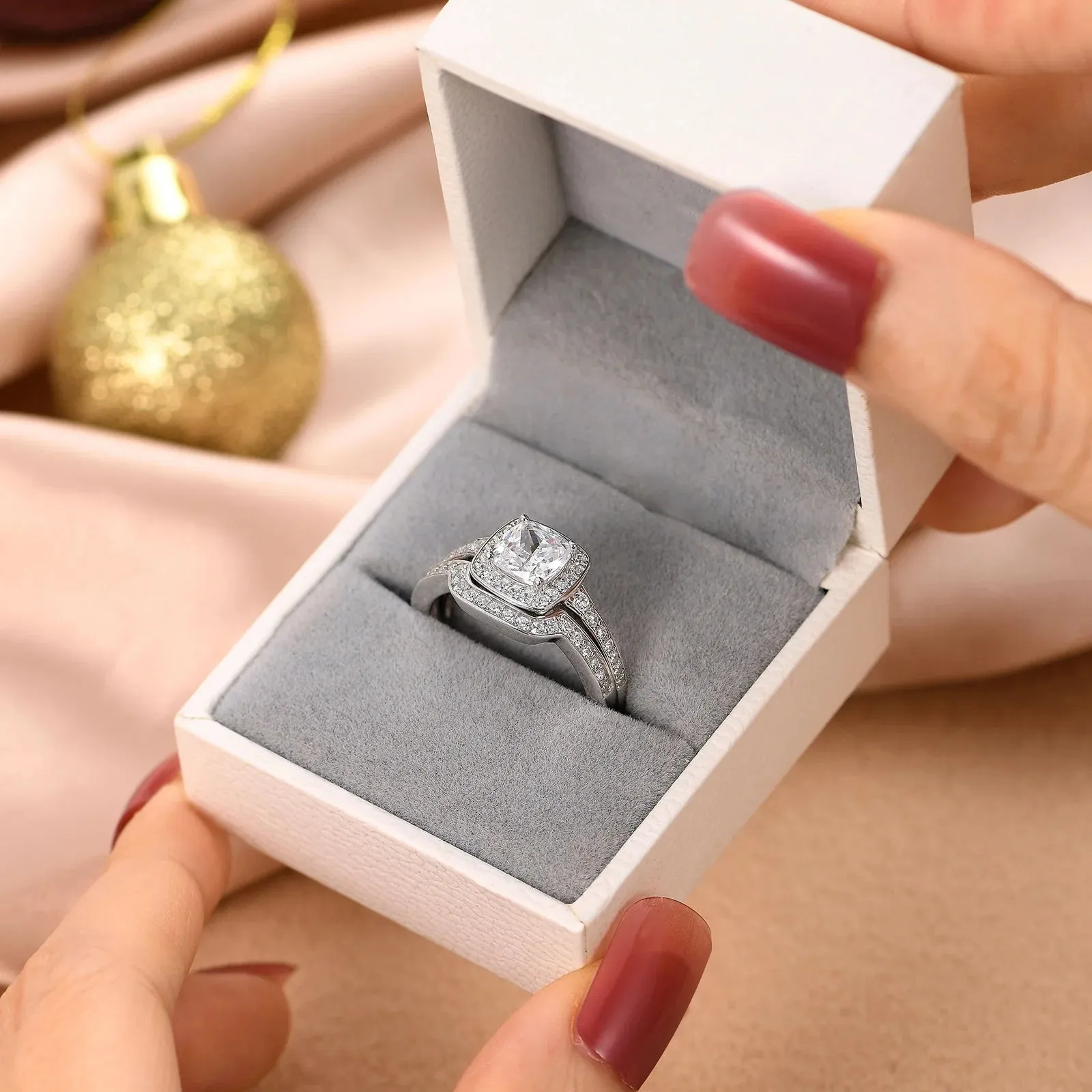 Newshe Original 925 Sterling Silver Bridal Rings Set for Women Cushion AAAAA Cubic Zirconia Engagement Ring Wedding Band