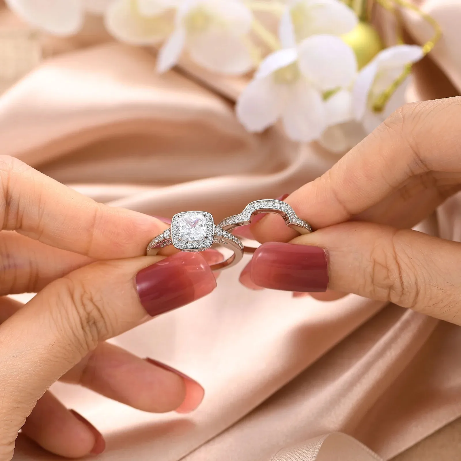 Newshe Original 925 Sterling Silver Bridal Rings Set for Women Cushion AAAAA Cubic Zirconia Engagement Ring Wedding Band