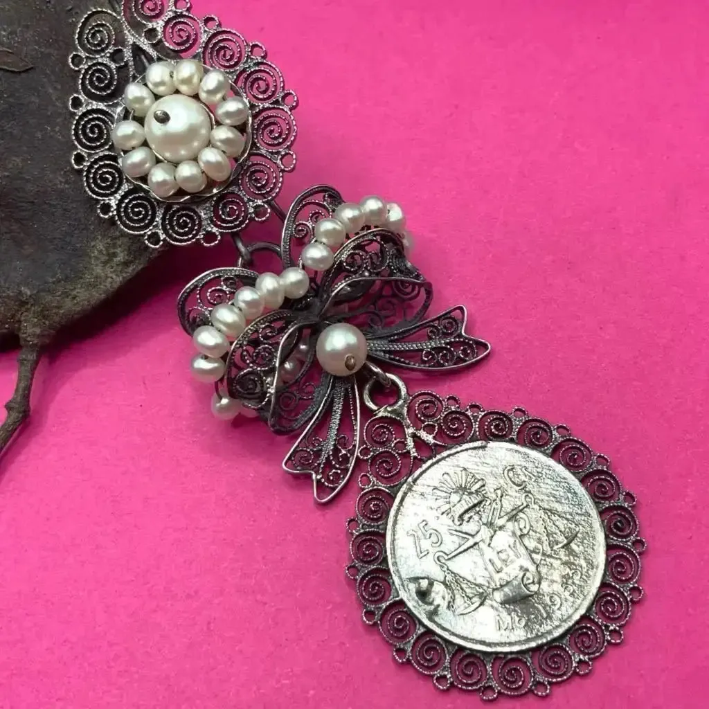 Oaxacan vintage Silver filigree earrings with pearls and 1953 coins, circa 1950