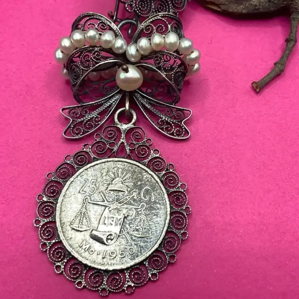 Oaxacan vintage Silver filigree earrings with pearls and 1953 coins, circa 1950