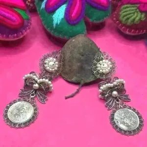 Oaxacan vintage Silver filigree earrings with pearls and 1953 coins, circa 1950