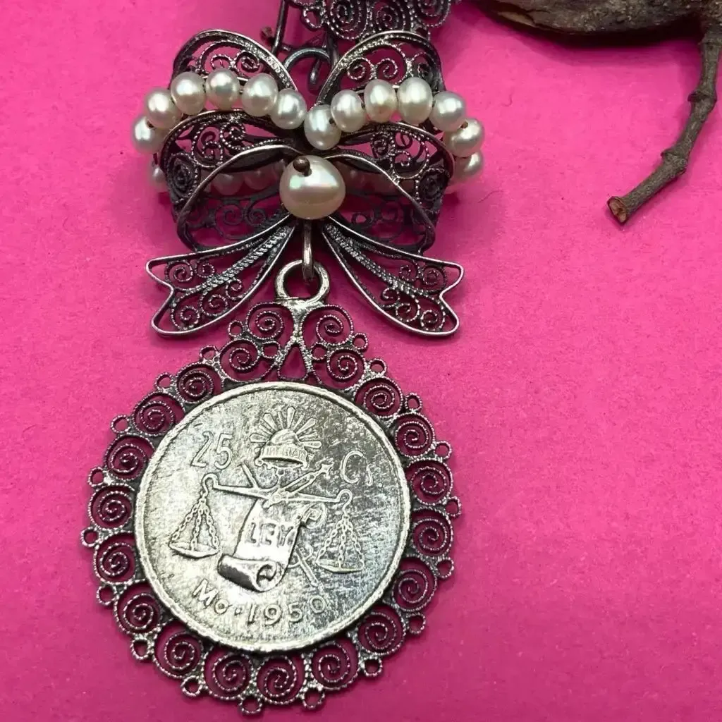 Oaxacan vintage Silver filigree earrings with pearls and 1953 coins, circa 1950