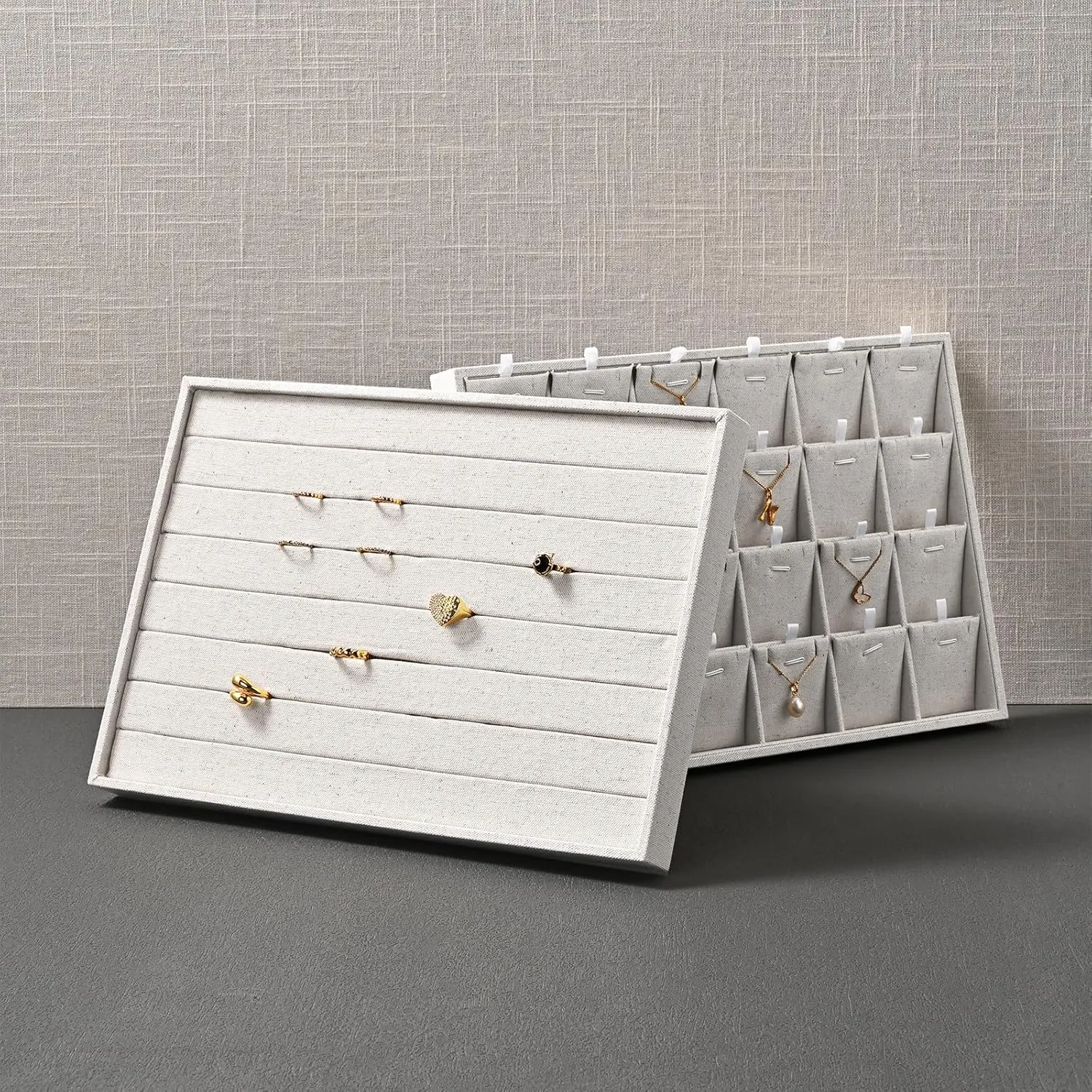Oirlv Linen 7 Lines Ring Storage Tray Rings Showcase Display Organizer Plate