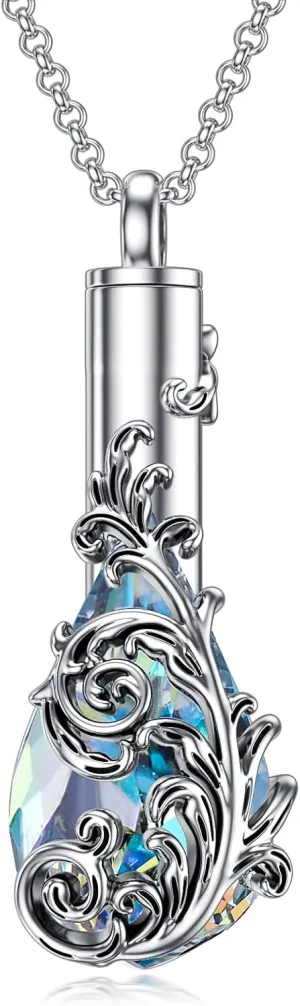 PELOVNY Rose/Lotus/Sunflower/Lily Flower Cremation Urn Necklace For Ashes Sterling Silver Heart/Teardrop Crystal Memorial Jewelry For Women