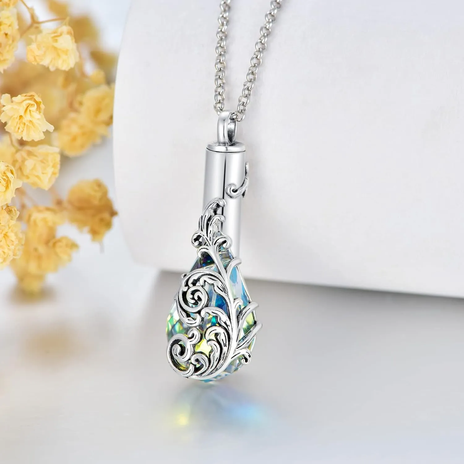 PELOVNY Rose/Lotus/Sunflower/Lily Flower Cremation Urn Necklace For Ashes Sterling Silver Heart/Teardrop Crystal Memorial Jewelry For Women
