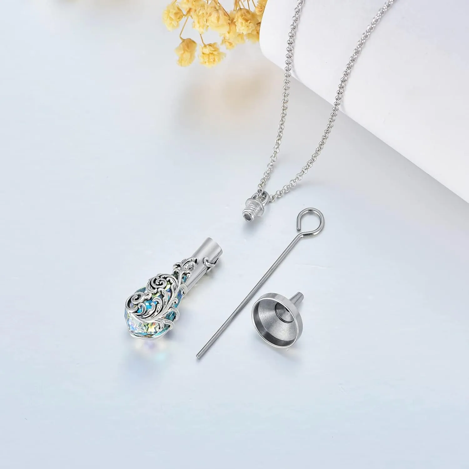 PELOVNY Rose/Lotus/Sunflower/Lily Flower Cremation Urn Necklace For Ashes Sterling Silver Heart/Teardrop Crystal Memorial Jewelry For Women