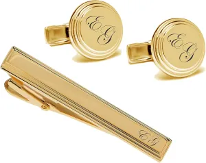 Personalized Gold Beveled Edge Cufflinks & Tie Clip Set Custom Engraved Free - Ships from USA