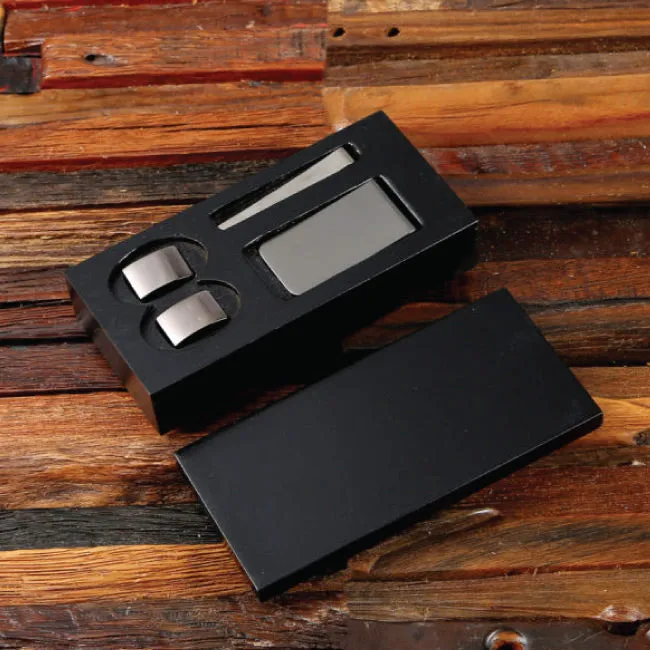 Personalized Rectangular Cufflink, Money Clip, And Tie Clip Box Set