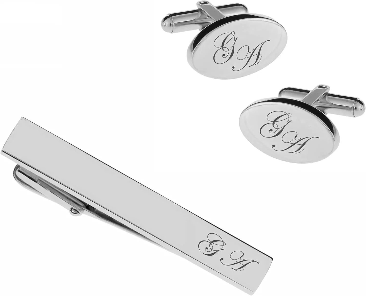 Personalized Silver Oval Cufflinks & Tie Bar Clip Set Custom Monogram Engraved Free - Ships from USA