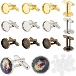 PH PandaHall 24pcs 3 Colors Brass Cufflink Bases with 24pcs Glass Cabochons, 14mm Blank Cufflinks Tray Settings Cufflink Cuff Button Pads Round Tray Bezel Cufflink Blanks for DIY Shirt Cuff Button