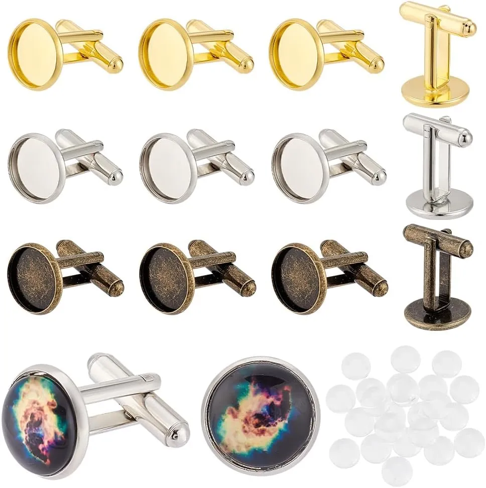 PH PandaHall 24pcs 3 Colors Brass Cufflink Bases with 24pcs Glass Cabochons, 14mm Blank Cufflinks Tray Settings Cufflink Cuff Button Pads Round Tray Bezel Cufflink Blanks for DIY Shirt Cuff Button