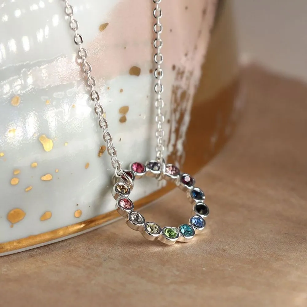 POM Silver Plated Circle and Rainbow Crystals Necklace