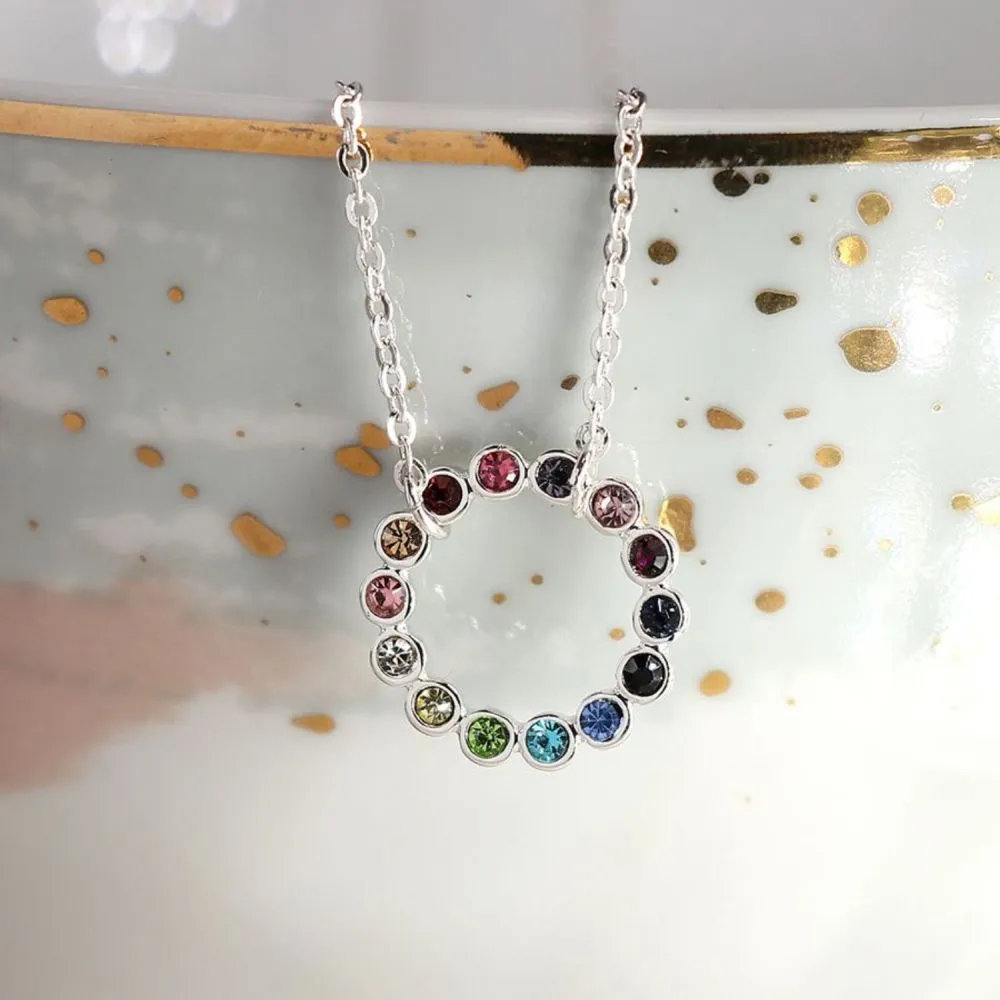 POM Silver Plated Circle and Rainbow Crystals Necklace